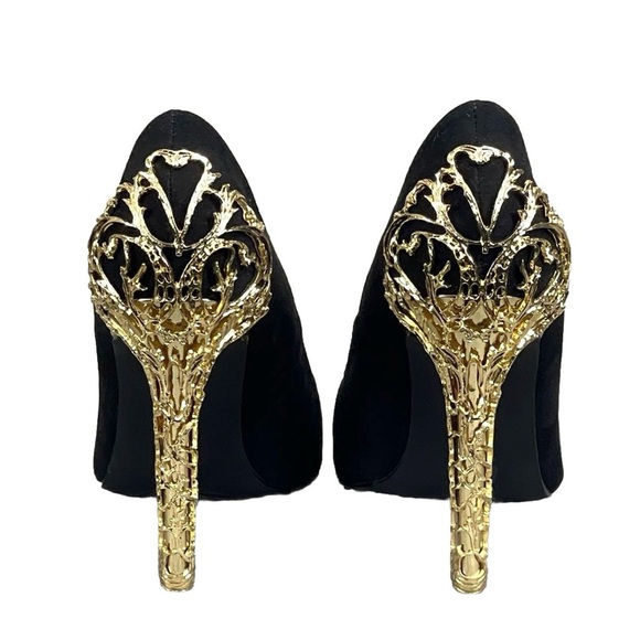 Just Fab Sarina Black Evening Stiletto Pumps Metal Cage 4” Gold Heel Sz 8.5 - Picture 2 of 11